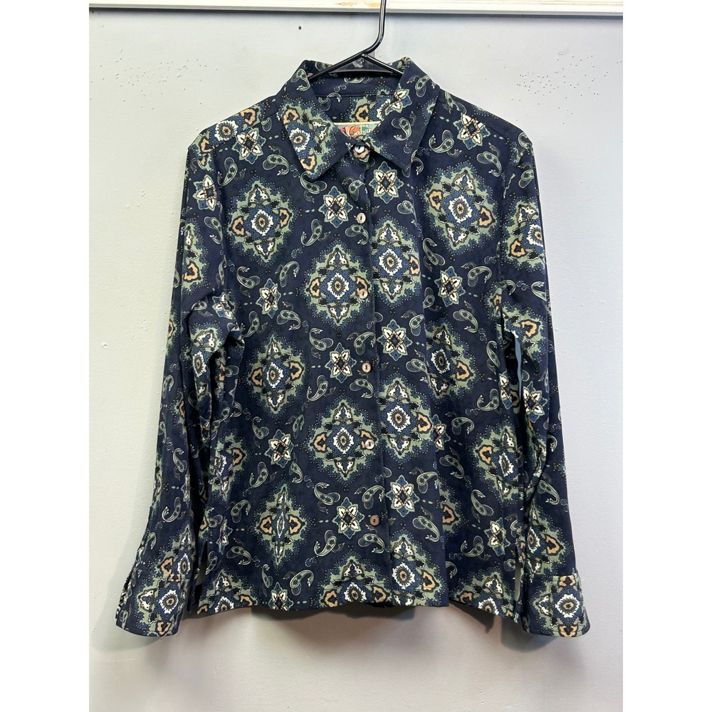 La Cabana Button Down Shirt Women Large Blue Medallion Paisley Long‎ Sleeve